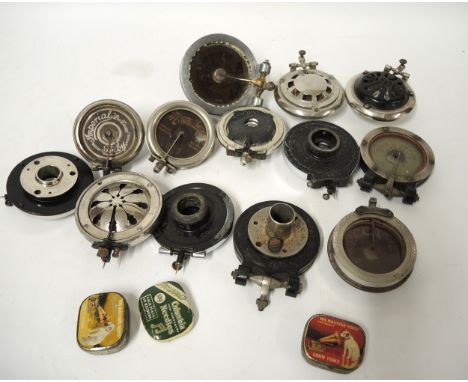 Quantity of various gramophone sound boxes, including Columbia, HMV, and Meltrope