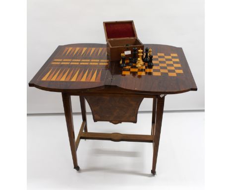 Late Victorian rosewood and inlaid games / work table, together with a cased contemporary chess setTable is 69cm wide x 42cm 