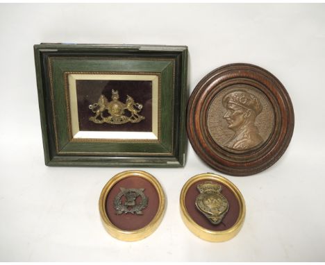 Group of three framed military badges, including Gordon Highlanders, together with a framed Field Marshall Montgomery circula
