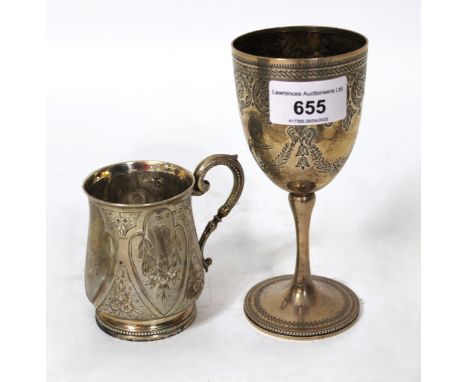 Victorian silver Christening mug and a Victorian silver trophy cup, 6.5oz t