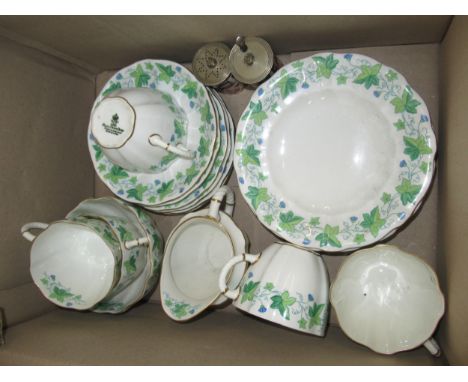 Royal Crown Derby green vine leaf decorated part tea service, together with a pair of Davenport Imari pattern condiment sets