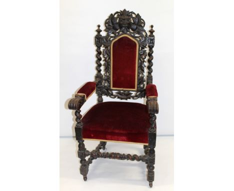 19th Century oak dining room suite comprising:  set of eight (six plus two) chairs with maskhead backs, barley twist uprights