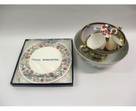 18th Century Chinese bowl (damages), a small blue and white cup, another cup, a Royal Worcester boxed plate and a two handled