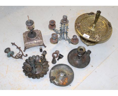 Victorian brass epergne stand, quantity of metal chamber sticks and a candelabra (at fault)