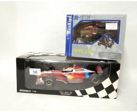 Williams F1 First Edition 1:18 scale model racing car in original box, together with a remote control Apache toy helicopter