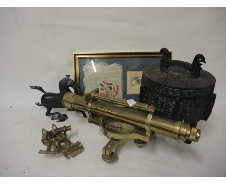 Reproduction brass surveyor's level with compass, similar pocket sextant and sundries