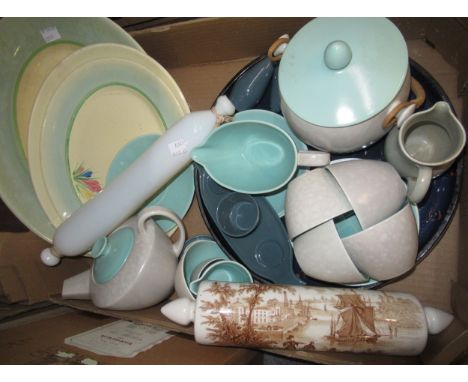 Box containing a quantity of various porcelain, including Poole pottery tea set with biscuit barrel, three oval Clarice Cliff