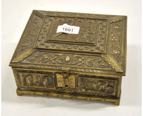 Rectangular brass casket cast with classical scenes, 18 x 16 x 9cm high