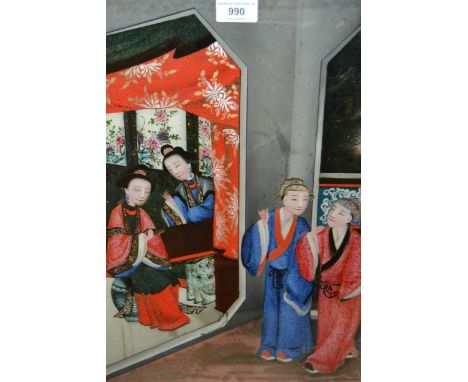 19th Century Chinese reverse painting on glass, figures in an interior, 49 x 34cm, housed in a hardwood frame