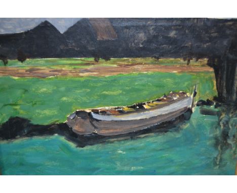After Munnings, thinned oil sketch on canvas, barge moored on a river, 32 x 40cm