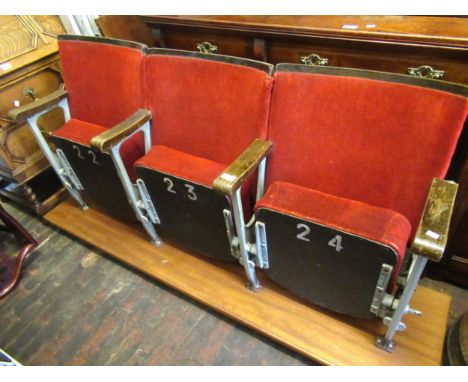 Art Deco three seat cast iron wooden and upholstered theatre seat