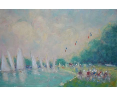 Impressionist style oil on canvas laid onto board, regatta scene with figures on a river bank, signed Beavais, 45 x 60cm