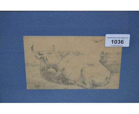 Attributed to Robert Hills (1769 - 1844), pencil sketch of an ox, 9.5 x 15cm, together with a pencil drawing of a donkey and 