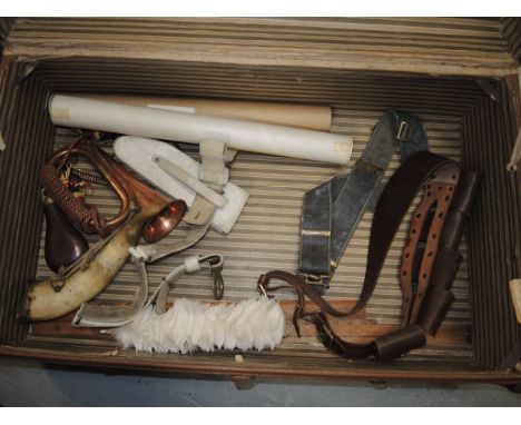 Copper powder flask, brass bugle, three military belts and sundries