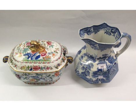 Large 19th Century Ironstone floral decorated tureen and cover (at fault), similar blue and white transfer printed tureen and