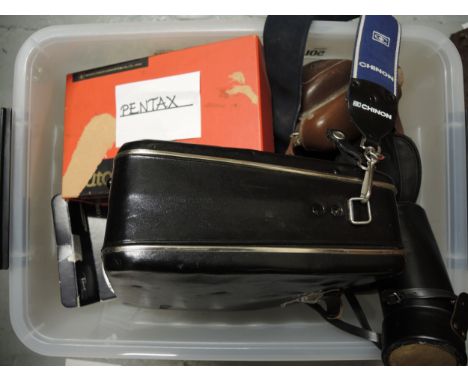 Pentax Auto 110 camera in original box, together with a quantity of other cameras, telephone, binoculars etc.