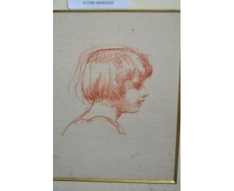 Enaid Jones, red conté crayon drawing, portrait of Julia, 12.5 x 9.5cm, together with a small monochrome water study of mice,