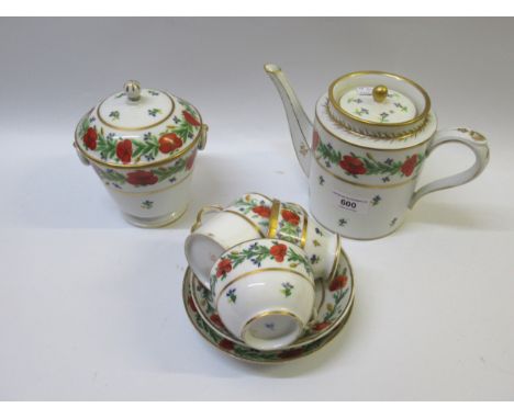 19th Century Continental porcelain teapot, sucrier, three cups and two saucers, bearing Sevres and Saxony marksMost has been 