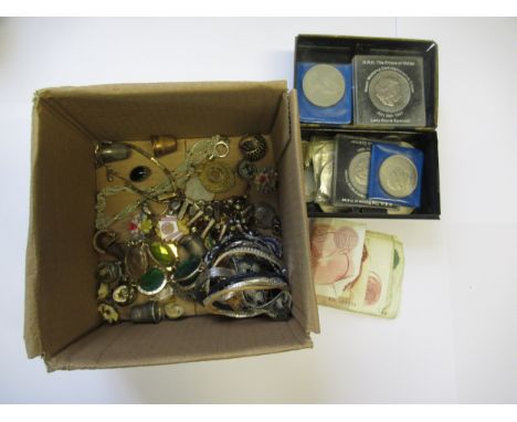 Small quantity of various cricket related medals including three silver, quantity of various costume jewellery and a cash tin