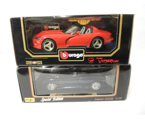 Maisto 1:18 scale special edition Jaguar XJ 220 model car, together with a Burago Dodge Viper RT/10 model car and a quantity 