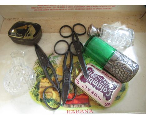 Silver topped green glass perfume bottle, two other perfume bottles, three pairs of scissors, and two cased sets of gramophon