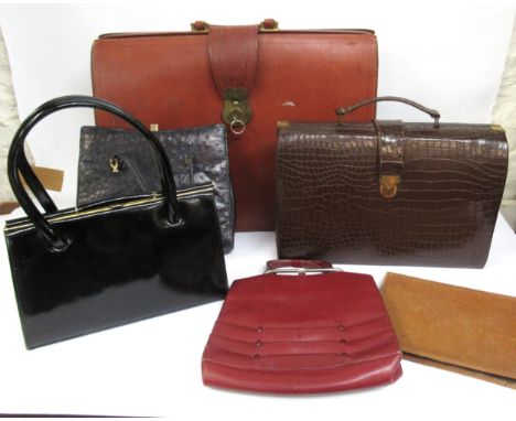 Collection of various leather handbags and a briefcase