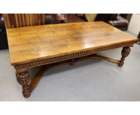 Large good quality oak refectory dining table in Renaissance style, the three plank top above a moulded frieze raised on five