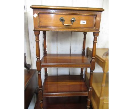 Yew wood three tier whatnot with a single drawer, beechwood hat and coat stand (at fault) and an oak three tier folding cake 