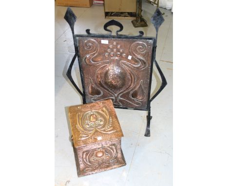 Art Nouveau embossed copper fire screen, together with a similar shaped coal box with hinged coverIn good condition, no damag