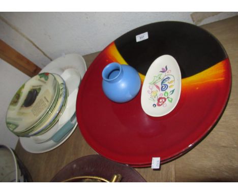 Two large Poole pottery abstract design shallow wall plates, 40cm diameter, together with various other Poole pottery