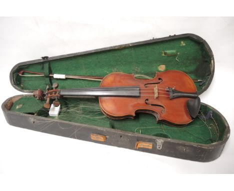 Late 19th / early 20th Century violin with single piece 14in back, bearing label for Emanuel Whitmarsh, London, in wooden cas