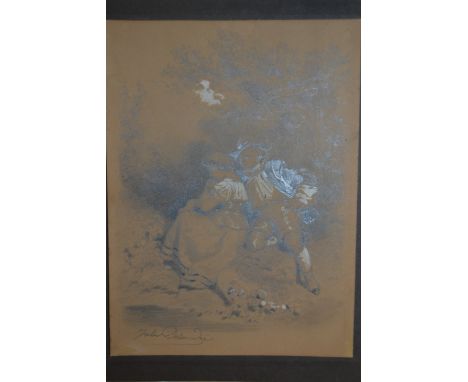 19th Century pencil sketch, ' Lovers ', signed indistinctly, 20 x 14cm, unframed