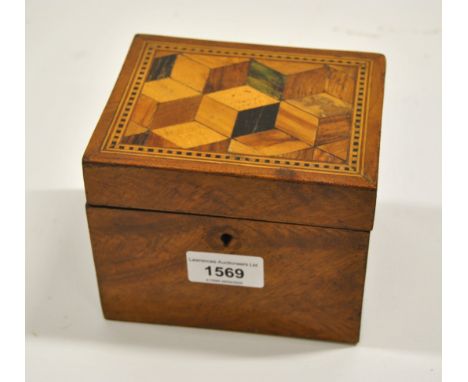Tunbridge ware tumbling blocks inlaid box with hinged cover and key