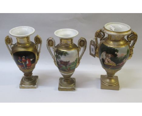 Group of three various Paris porcelain vases painted with figures, animals and landscapes (with restorations), the tallest 27