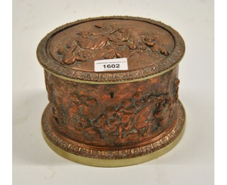 19th Century oval copper and silver plated casket embossed with cherubs and classical figures, 19 x 16 x 14cm high