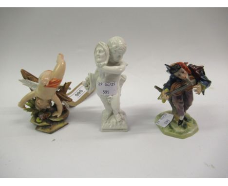 Continental porcelain figure of a violin player, another figure of a cherub and a white glazed figure of a boy