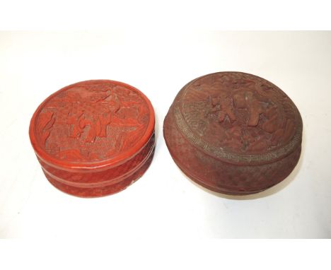 Two circular red cinnabar boxes with covers, 13cm diameterCracks and loss to lacquer finish as shown in photos.