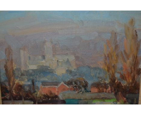 Two impressionist style oils, view across a town with distant cathedral, signed G. Wilson and a landscape study with view to 