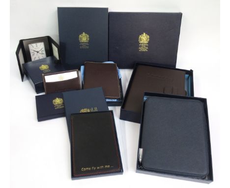Quantity of boxed leather items retailed by G. Collins, Royal Tunbridge Wells, including a travel alarm clock and photograph 