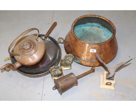 Miscellaneous copper cooking pans and pots, a brass spitjack and sundries
