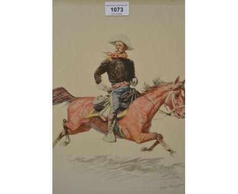 Set of eight 1950s coloured prints of the American Wild West, printed courtesy of the Remington Art Memorial, 40 x 30cm each