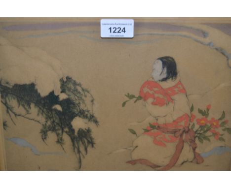 Elyse Ashe Lord, drypoint etching with hand colouring, oriental figure in a landscape (Liberty, London receipt verso), signed
