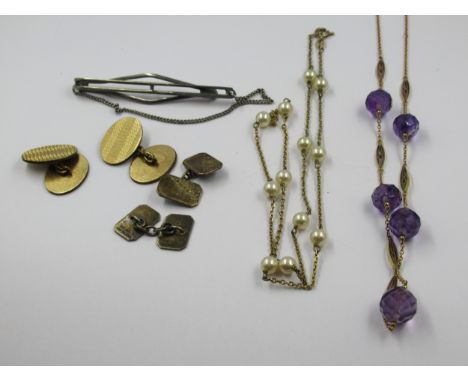 9ct Gold amethyst necklace, silver gilt necklace, metal tie clip and two pairs of cufflinks