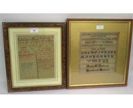 18th Century needlework sampler, worked with alphabet, various names and motto, dated 1720, 22 x17cm approximately, together 