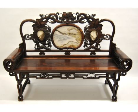 20th Century Chinese hardwood bench with marble inset back above scroll arms, raised on shaped feet, 168 x 55 x 117cmSome cra