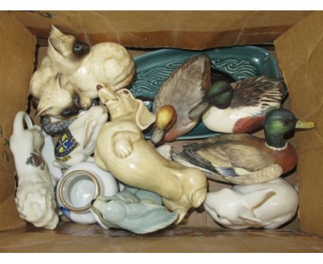 Small box containing a collection of various porcelain including three Coalport figures of ducks, Royal Doulton group of kitt