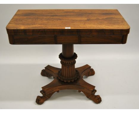 Victorian rosewood rectangular fold-over card table on fluted column and quadruped base with claw feet, 92 x 46 x 74cm high