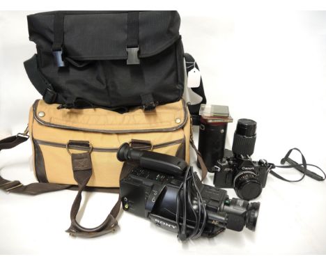 Canon AE-1 35mm camera with various lenses and accessories, together with a video camera
