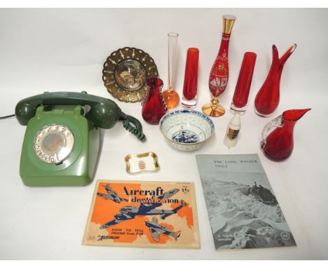 Mid 20th Century green Bakelite cased telephone and miscellaneous other collectables including red glassware