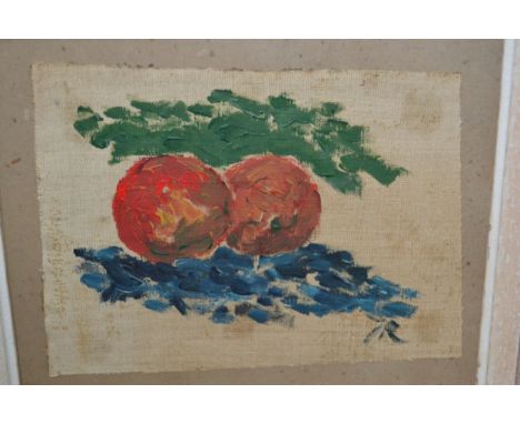 In the manner of Auguste Renoir, oil sketch on canvas, fragment study of two apples, initialled, 18 x 23cm